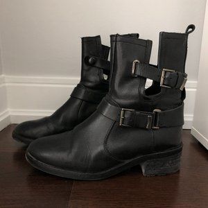 Leather Cut-Out Biker Boots with Buckles